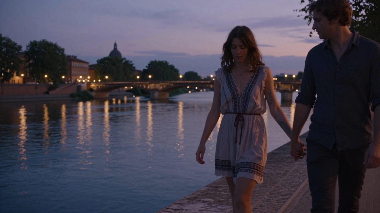 A couple walking peacefully along the Garonne River at dusk, soft city lights reflecting on water.