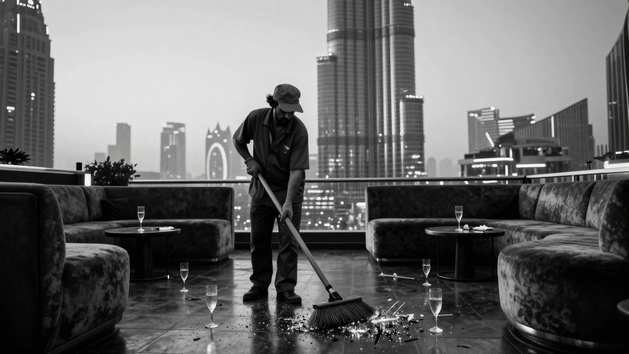 Cleaner sweeping a rooftop club floor at dawn, empty chairs and spilled drinks around.