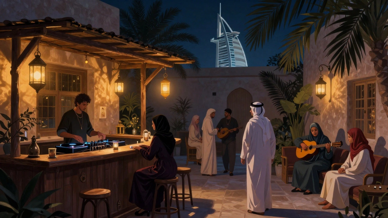Intimate courtyard bar in Jumeirah with patrons mingling under lantern light and oud music.
